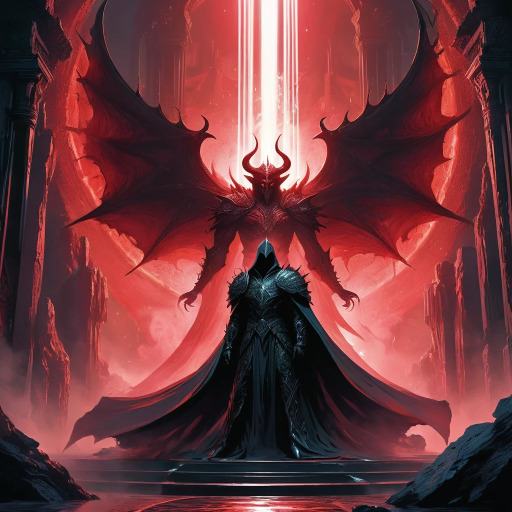 In the shadowy depths of a vast underground cavern, dimly lit by the ominous red glow of embedded crystals, Lorash, the formidable leader of the Sanguine, sits regally upon a stark, imposing stone throne. The throne is carved directly from the cavern’s cold, jagged rock, its surface etched with ancient runes that pulse faintly with a blood-red light.

Lorash is a towering figure, his body covered in thick, coarse dark hair and adorned with powerful, curved horns that extend backward in a menacing curve. His eyes glow with a fierce, unsettling crimson light, reflecting his authority and the dark magic he wields. He is draped in dark, tattered robes that cascade around him, blending seamlessly with the shadows of the cavern.

The surrounding cavern is filled with an eerie, flickering light from the red crystals, casting long, distorted shadows on the walls. Lorash’s followers, the Sanguine, are gathered in a semi-circle around the throne, their forms cloaked in shadow as they kneel in reverent silence. The atmosphere is thick with a sense of dark power and foreboding, as Lorash presides over his domain with an air of ruthless command and anticipation."