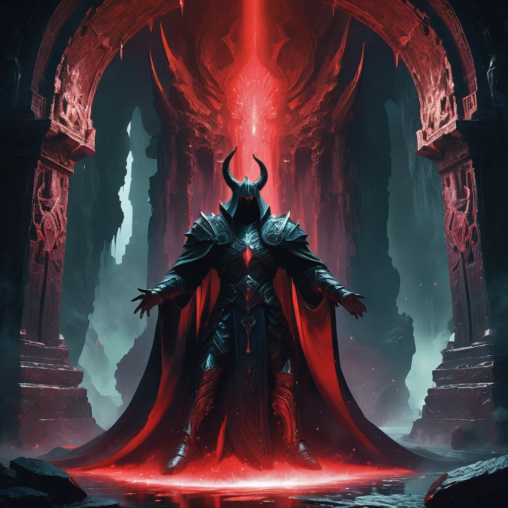 In the shadowy depths of a vast underground cavern, dimly lit by the ominous red glow of embedded crystals, Lorash, the formidable leader of the Sanguine, sits regally upon a stark, imposing stone throne. The throne is carved directly from the cavern’s cold, jagged rock, its surface etched with ancient runes that pulse faintly with a blood-red light.
Lorash is a towering figure, his body covered in thick, coarse dark hair and adorned with powerful, curved horns that extend backward in a menacing curve. His eyes glow with a fierce, unsettling crimson light, reflecting his authority and the dark magic he wields. He is draped in dark, tattered robes that cascade around him, blending seamlessly with the shadows of the cavern.
The surrounding cavern is filled with an eerie, flickering light from the red crystals, casting long, distorted shadows on the walls. Lorash’s followers, the Sanguine, are gathered in a semi-circle around the throne, their forms cloaked in shadow as they kneel in reverent silence. The atmosphere is thick with a sense of dark power and foreboding, as Lorash presides over his domain with an air of ruthless command and anticipation."
