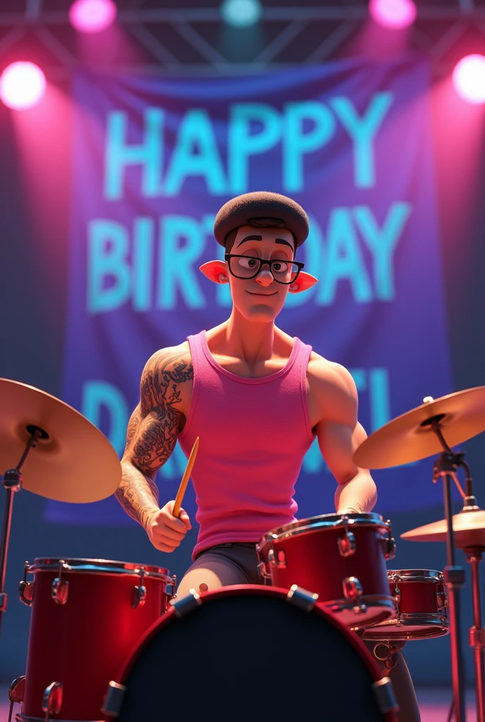 Animated muscular boy with tattoos and sleeveless pink floyd shirt, beret, reading glasses playing the drums sitting at a concert that says happy birthday daniel in the background with ear expanders