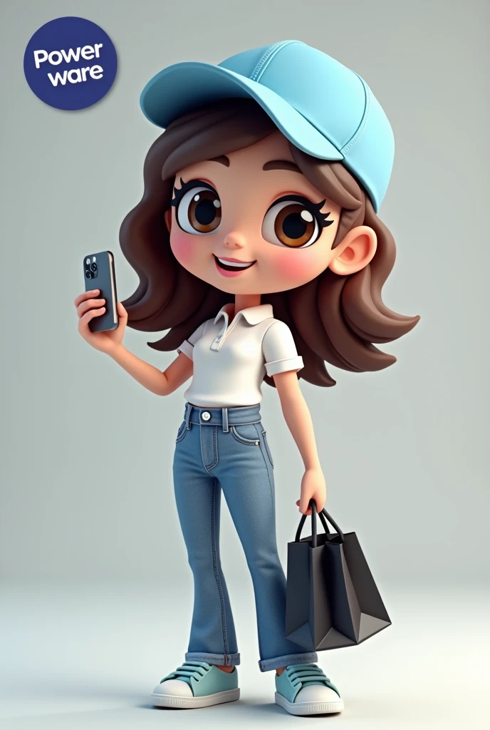 illustration 3d render, style Powerpuff Girl, with a light blue cap, with text white "Betterware". white blouse style polo, jeans, sneakers wavy short brown hair and smile. with an iphone in a hand and a black shopping bag