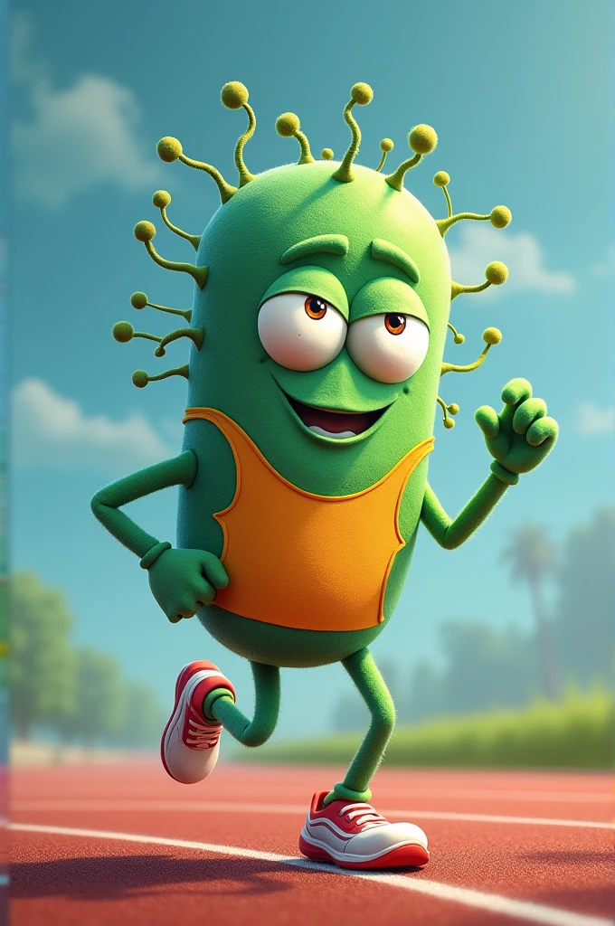 "Before dividing, Cells must go through a process known as the cell cycle.. It's like preparing for a big race!"
A cell with a face and expression, in a runner's uniform, warming up before a race.