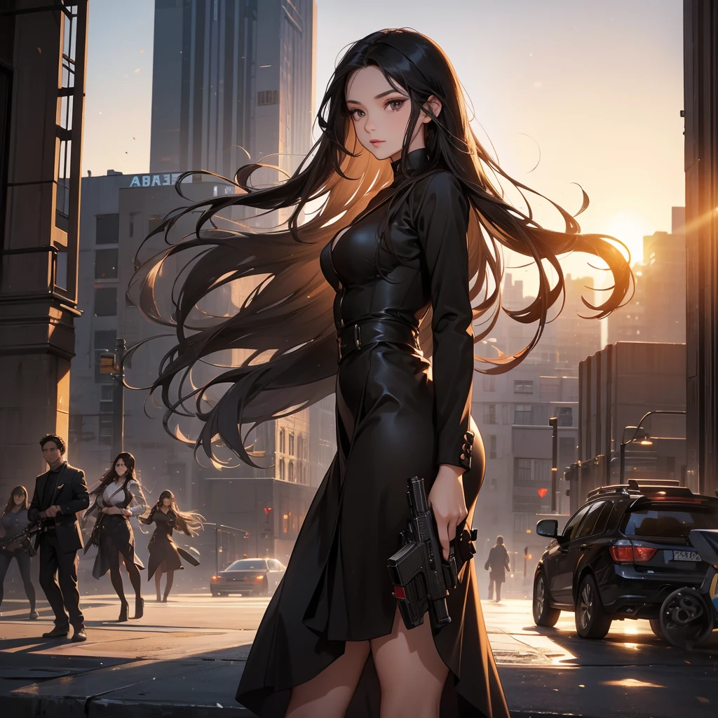 a beautiful woman with long black hair, wearing a tight brown dress, standing holding a pistol, aiming the barrel at the bad guys, on a tall building, the sun is setting.