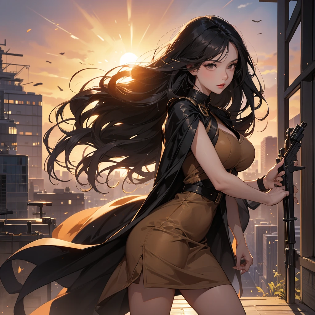 a beautiful woman with long black hair, wearing a tight brown dress, standing holding a pistol, aiming the barrel at the bad guys, on a tall building, the sun is setting.