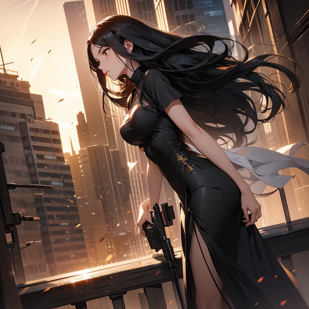 a beautiful woman with long black hair, wearing a tight gray dress, standing holding a pistol, aiming the barrel at the bad guys, on a tall building, the sun is setting.