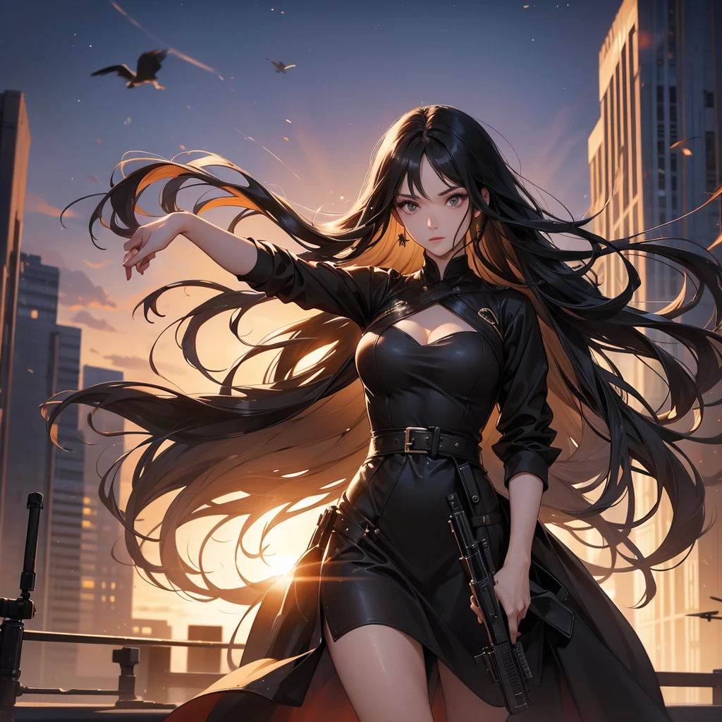 a beautiful woman with long black hair, wearing a tight brown dress, standing holding a pistol, aiming the barrel at the bad guys, on a tall building, the sun is setting.