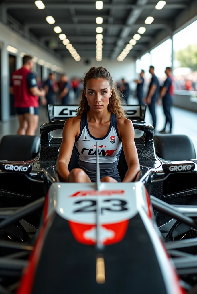 A volleyball player in an F1 car