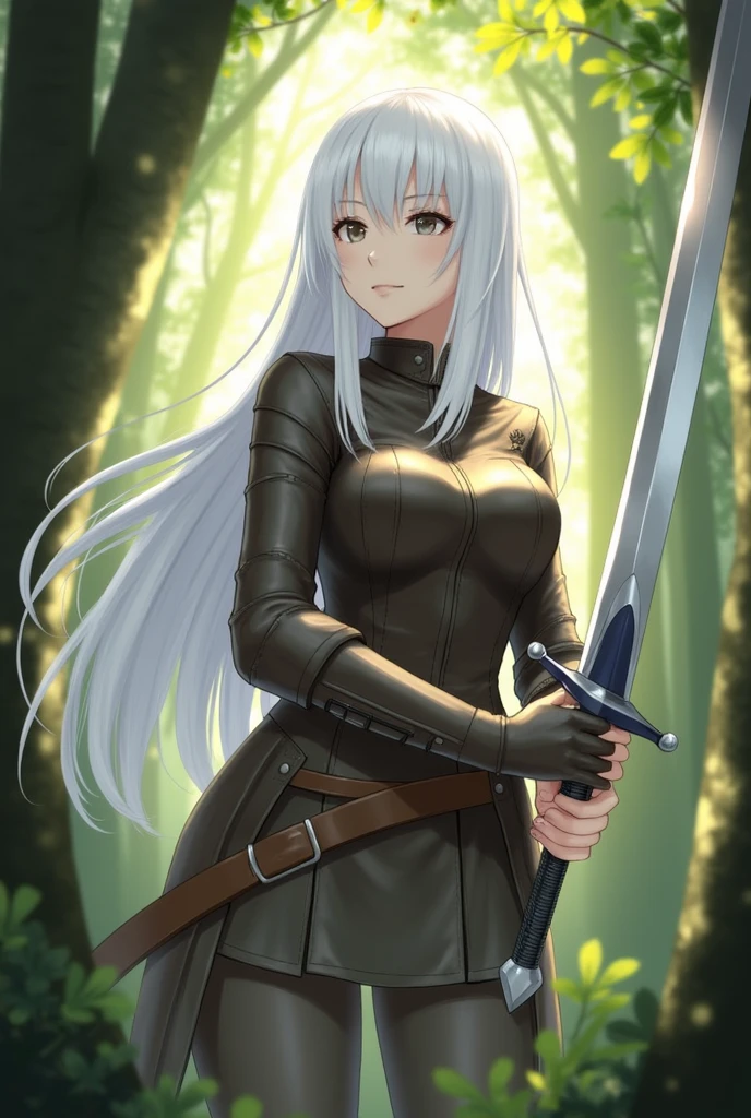 score_9, score_8_up, score_7_up, score_6_up, VitWaterStyle, 1girl, beautiful, white hair, long hair, bangs, fair skin, big breasts, leather armor, sword, forest, dappled sunlight, upper body, looking at viewe