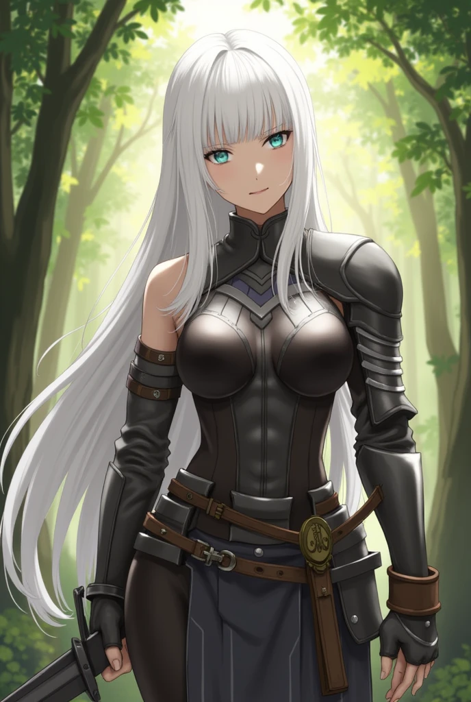 score_9, score_8_up, score_7_up, score_6_up, VitWaterStyle, 1girl, beautiful, white hair, long hair, bangs, fair skin, big breasts, leather armor, sword, forest, dappled sunlight, upper body, looking at viewe