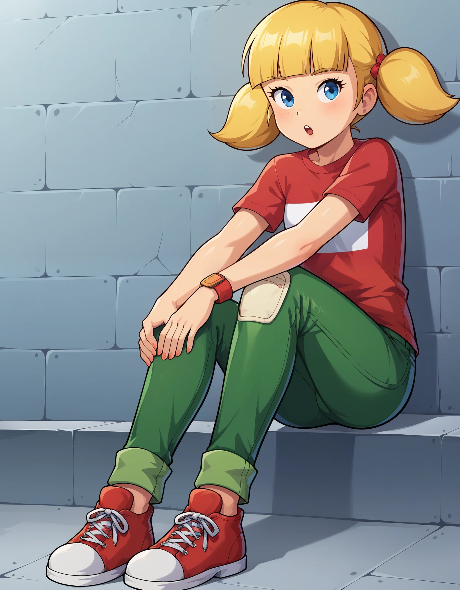 solo, 1girl, penny_ig, blonde hair, twintails, blue eyes, red shirt, stripe, pants, knee patch,