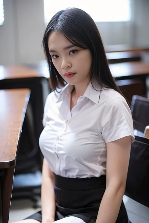 ,1 woman, full body, (((Beautiful young woman wearing a white short-sleeved shirt))), (((Wearing a short black A-line skirt:1.34))), big breasts, Stand out in sexy poses.  There are several lecture tables at the back, with sliding glass windows..  There is evening light shining into the room..