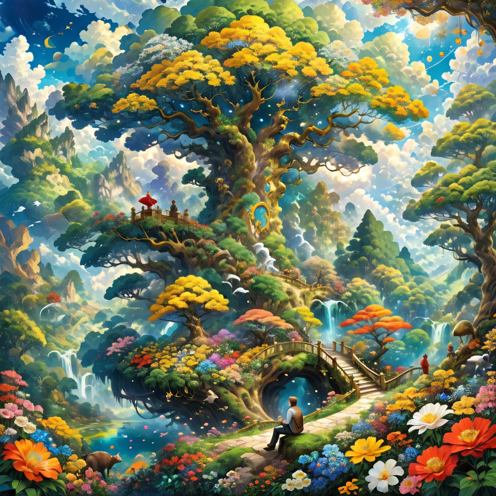 A man in a deep of thought bubble of very creative unique stuff of many different ideas. Clouding view of rare fantastic places surrounded by a tree of forest, gold, silver, animal and different types of flowers.