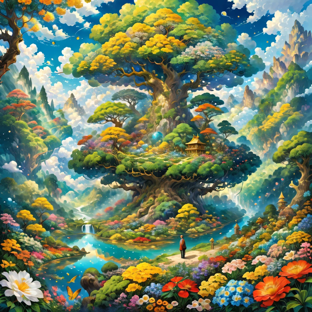 A man in a deep of thought bubble of very creative unique stuff of many different ideas. Clouding view of rare fantastic places surrounded by a tree of forest, gold, silver, animal and different types of flowers.