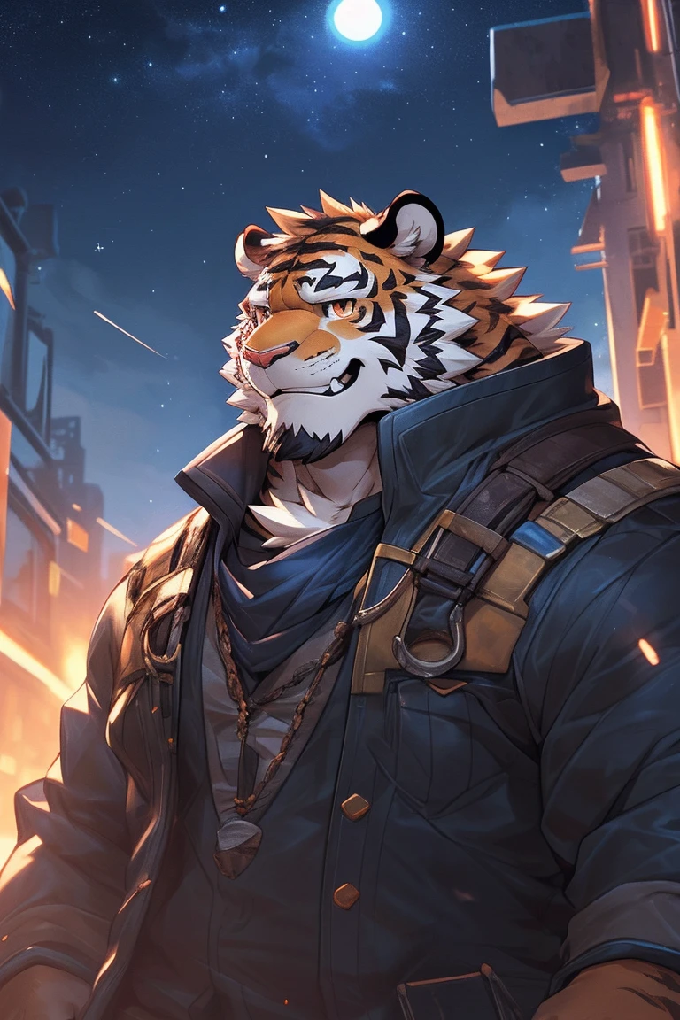 human nature, cannon, male, Solitary, ((Round Face, The face is plump,orange eyes,A small amount of black beard)), ((Endomorph, Handsome，Handsome)), (White fig leaf，Future Warframe), ((domestic 虎，Tiger), (In Abandoned City), bokeh, (high quality, high resolution, Masterpiece 1.2), (Office lighting, Natural fill light，Rich colors), (watchful，脸Injuried，Bloody wound，Injuried，Grit your teeth，), (Face focus), Full body picture (close up), cartoon, author：Takemoto Arashi, by zixiong, By Chunni, author：Empty Ghost，（background：The ruined city with night sky 1.5），，Glow，snowy nights ，Abandoned City,snowy，Starry Sky，Auspicious Clouds，Background rich and detailed,9'5 tall,lift eyesbrow up,smile of hope