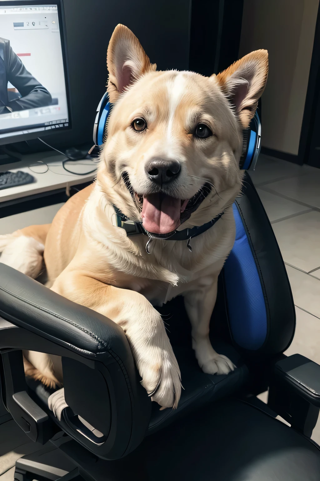 put a laughing dog on a gaming chair, using rgb headphones