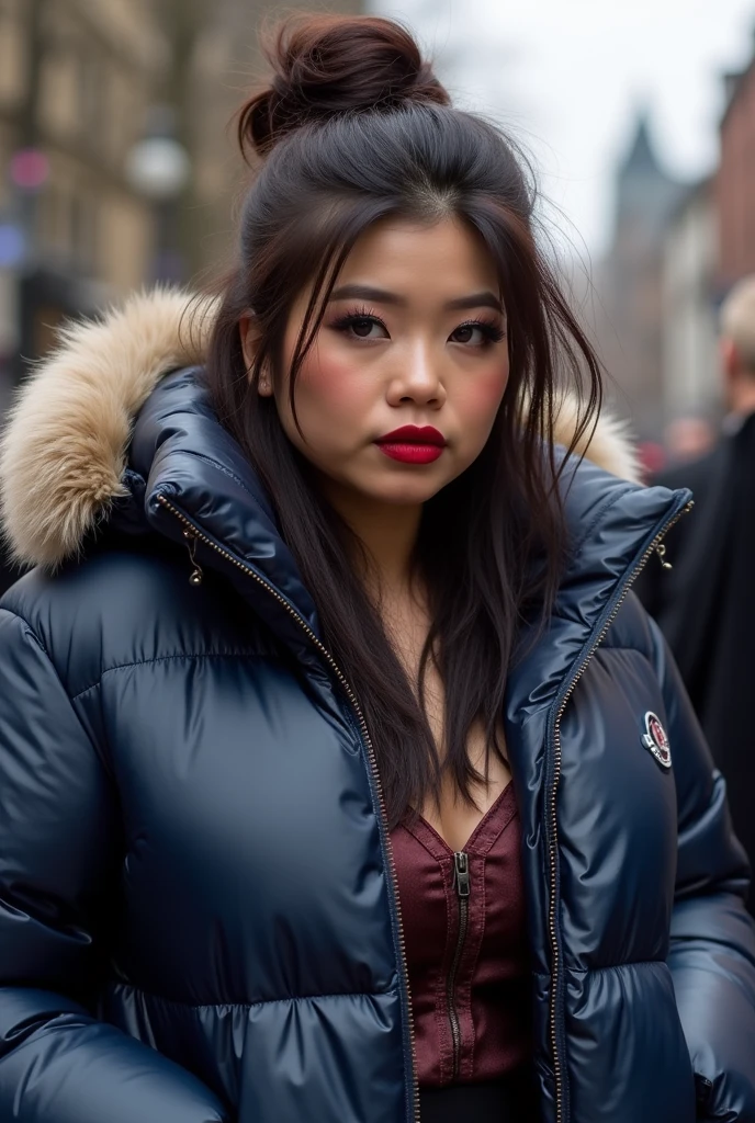 chubby Chinese woman, messy brown hair, tanned skin, heavy makeup, dark red lipstick, big pouting lips, wearing a very large tight shiny ((navy blue)) puffer coat, thick eyebrows, photorealistic, masterpiece, in Manchester Piccadilly gardens, moncler, fluffy fur hood, attitude on her face, hair tied on top, large breasts, silk blouse, silk bra, cleavage, chav, open coat, qipao