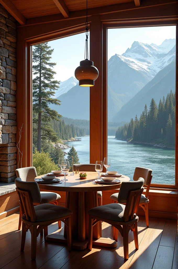 A dining room with a view of a river and a mountain landscape with wooden furniture, romantic with a fireplace and two huge windows
