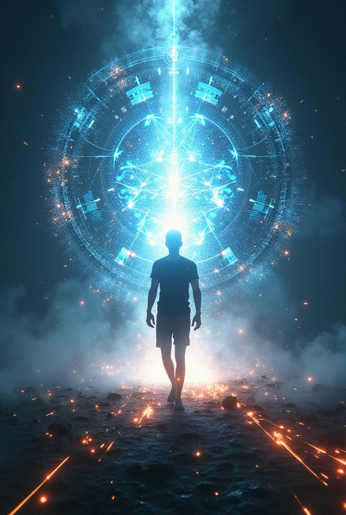 A quantum leap with its symbols and flashes and a person entering that leap