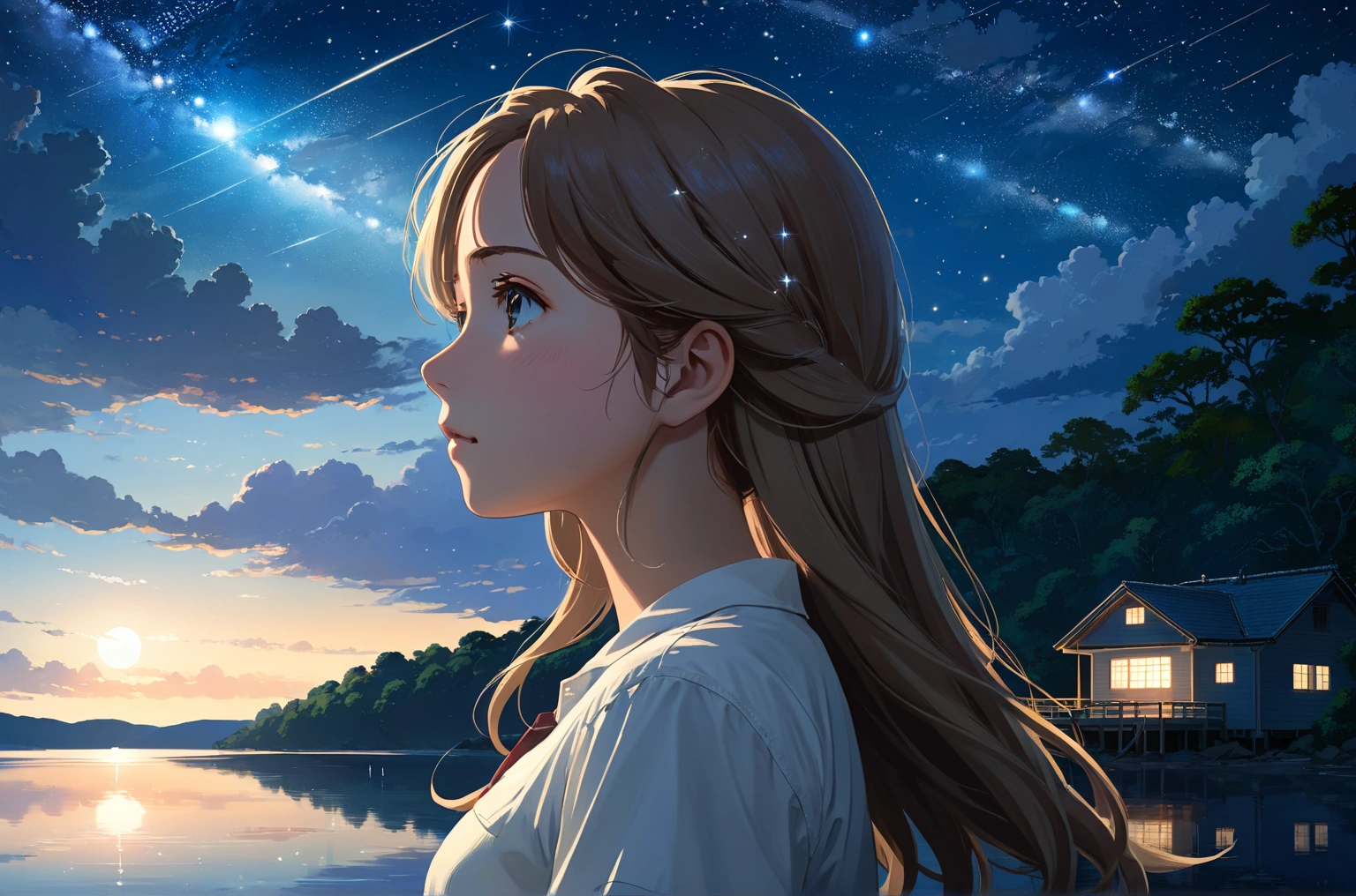 Uses Makoto Shinkai's depiction perfectly,Portrait of Halie Loren,8k 4k masterpiece photo ,Mysterious sight,Profile looking up at the starry sky,Beautiful in profile,Semi-long hair,Ash hair,White shirt,Look in a different direction,Nestled on the lakeside,Quiet morning