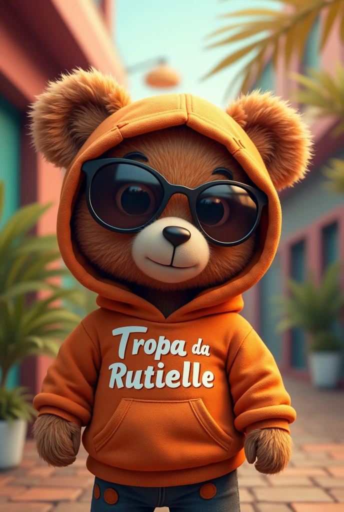 Create a cute teddy bear with sunglasses and a hood with the name tropa da Rutielle 