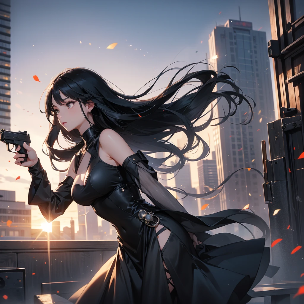 a beautiful woman with long black hair, wearing a tight gray dress, standing holding a pistol, aiming the barrel at the bad guys, on a tall building, the sun is setting.