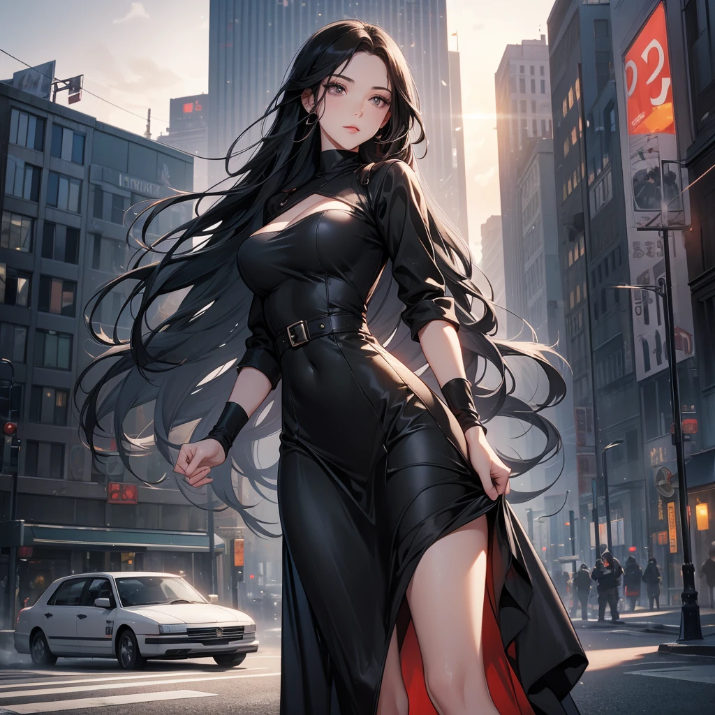 Masterpiece、High resolution、Detailed expression、Huge beauty、18 meters tall、In a city building、Low - Angle