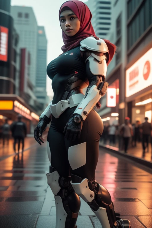 a malay teenage girl in hijab and mecha suit standing in action in front of bustling kuala lumpur malaysia city streets, serious face, nighttime, 35mm lense, Top-Down Shot, Deep Focus cinematography effect, Natural Lighting, cool-toned color grading, high quality, ultra detail, 8k resolution,