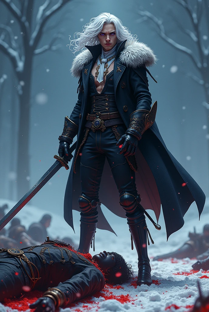 In a 8k ultra HD 90s anime style aesthetic, with a snowy night war background, create a full body portrait of a gorgeous man standing, one foot planted in the snow, another foot on a deceased man's chest, with long curly white hair and long bangs at the sides of his face, light freckles, sharp features and slanted half-closed glowing light purple eyes wearing a really fancy steampunk suit with straps, the chest area is open, neck-line shown, long black gloves, a frilled neck tie, black pants with black animal furs caping the back and side of his legs and knee-high strapped boots. He is holding a longsword, he is fighting men in armor, other men fighting around him, with red snow at his feet/ boots. He has blood on his clothes.