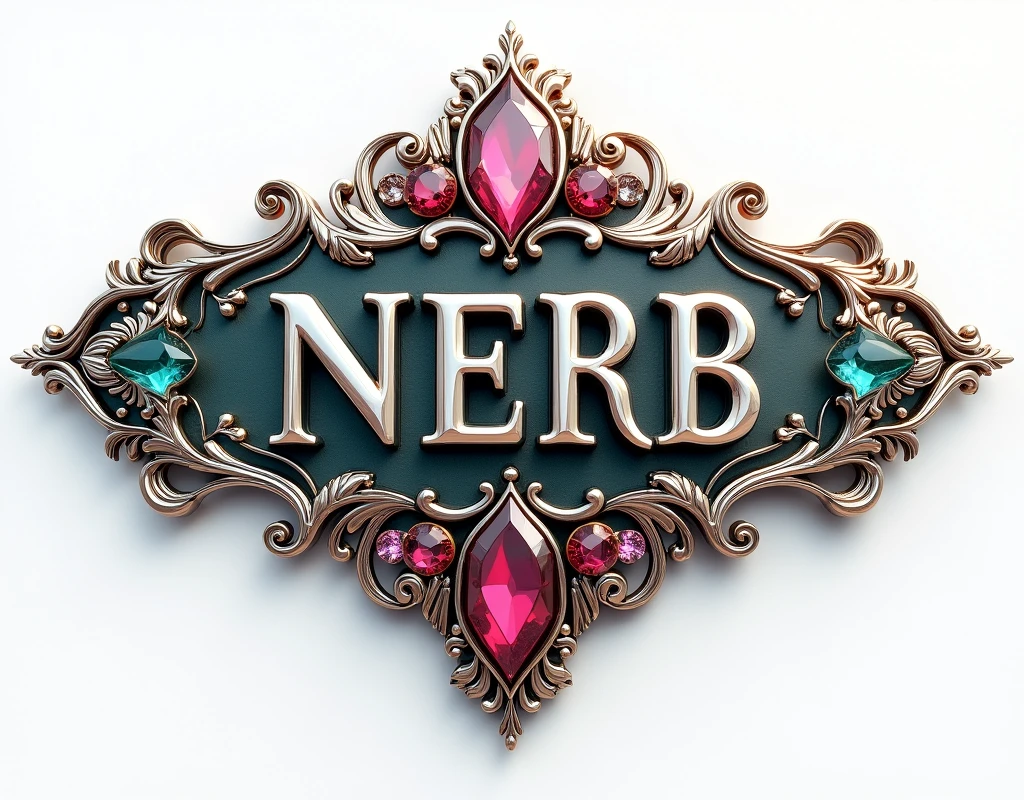 shiny polished chrome decorated very fancy text, (text:"NERB") The word, logo, art nouveau, jewels, polished crystals, polished mineral stones, front face view, suspended in air, well lit, white background, badge, emblem, insignia, label,