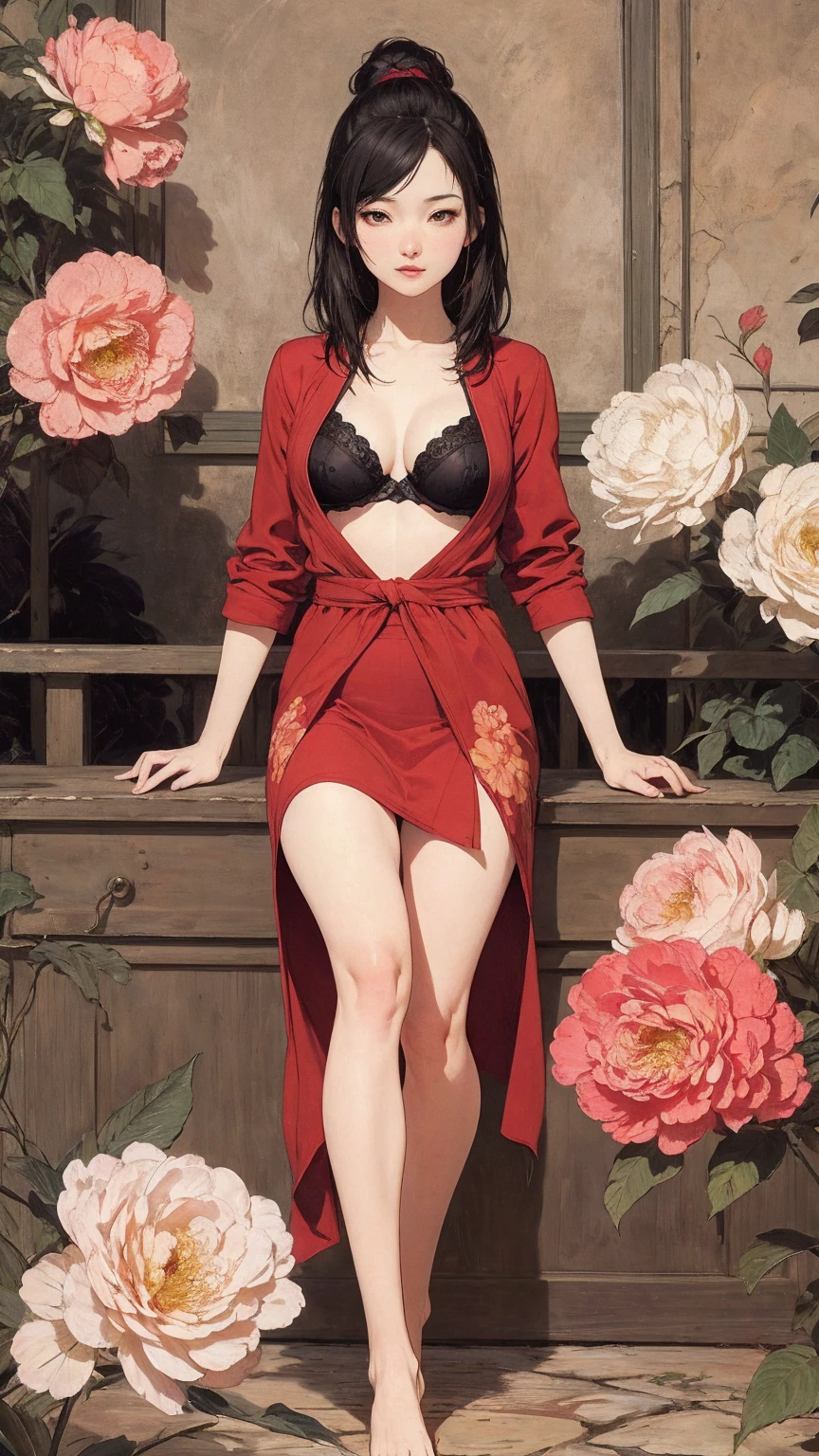 Detailed Background,Art Deco,Beautiful landscape painting,Botanical Art,Flower Art,(Floral:1.2), (masterpiece, Highest quality),Vibrant colors,colorful, Highest quality, Amazing details, Anatomically correct, Line art, Written boundary depth,Flat Shading,Bokeh, woman、14 years old、Black Hair、 whole body、 Sit with your legs apart:1.5、sexy、Passionate、Stretch your legs、(Thighs)、(Small breasts)、Slim style、(barefoot)、 Mucha style、Ukiyo-e style、Looking up at the camera、Browsing Caution,kimono, dragon kimono, partially open kimono, red bra