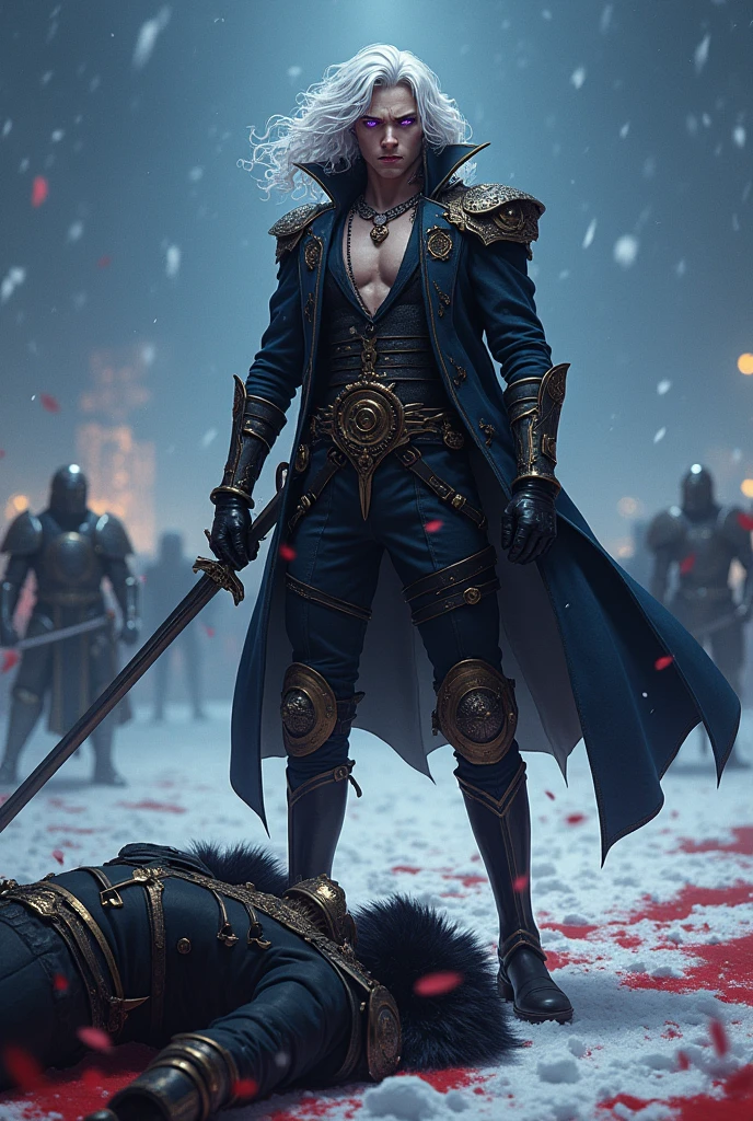 In a 8k ultra HD 90s anime style aesthetic, with a snowy night war background, create a full body portrait of a gorgeous man standing, one foot planted in the snow, another foot on a deceased man's chest, with long curly white hair and long bangs at the sides of his face, light freckles, sharp features and slanted half-closed glowing light purple eyes wearing a really fancy steampunk suit with straps, the chest area is open, neck-line shown, long black gloves, a frilled neck tie, black pants with black animal furs caping the back and side of his legs and knee-high strapped boots. He is holding a longsword, he is fighting men in armor, other men fighting around him, with red snow at his feet/ boots. He has blood on his clothes.