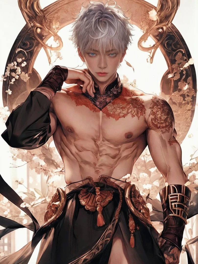 1 male, Japanese male model, high resolution 4k, adult, handsome, perfect face detail, detailed eyes and face, muscular, white eyebrow hair, white eyelashes, Naked torso, Detailed face, perfect face, real skin texture, detail Perfect hand, details, Real and complete hand details, unreal engine, hd picture, satoru gojo, Jujutsu kaisen, white hair, short hair ,hair between eyes ,blue eyes, white skin
