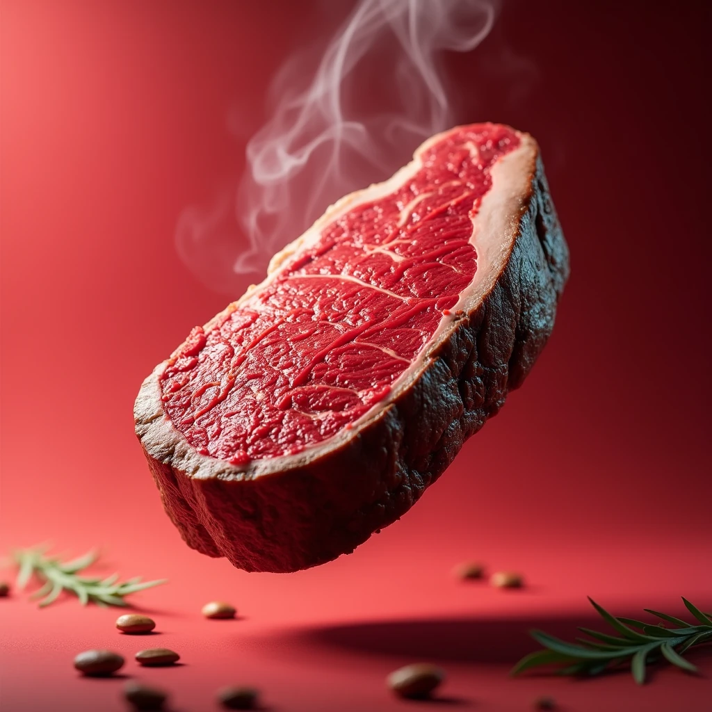 Japanese Kobe beef advertisement,A piece of Kobe steak falling in the air,Dynamic and bright colors