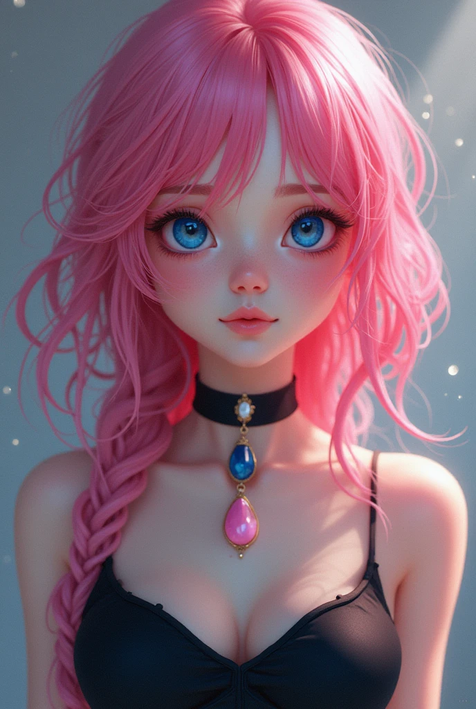 Ultra-high resolution, Clear face, (Reality: 1.4), perfect lighting,(photorealistic), anime wallpaper, Guviz style artwork, fantasy to magic cover, beautiful artwork illustration, beautiful digital artwork, beautiful digital illustration , beautiful portraits, illustrations, delicate and beautiful, highly detailed, fine details, official art, highly detailed unity 8k CG wallpapers, highly detailed, high resolution, highly detailed, highly detailed eyes and faces, beautifully detailed eyes, cinematic lighting,1girl, solo, pink hair, hair ornament, blue eyes, black dress, standing upper body, indoor, simpel blackground,
