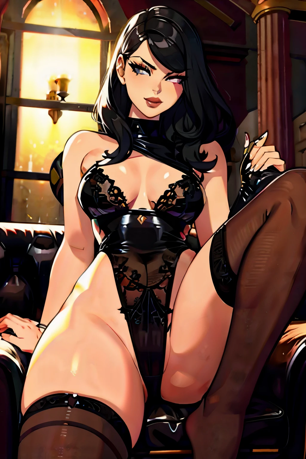 The woman, by the wide, long hair, black fur, black hair, fringe, pale, Pale skin, Pale skin, black eyes, ((black eyes, black eyes)). black lingerie, black lingerie, socks, stockings,gloves, gloves, Cathedral, evening, fancy,pussy, spread legs, NSFW, +18, open_lingerie,wearing open_lingerie, BlackRealStockings