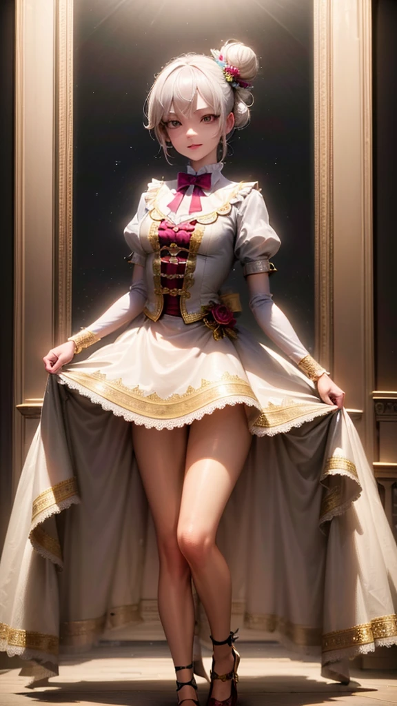 A small and slender marionette with beautiful detailed eyes, beautiful detailed lips, extremely detailed eyes and face, long eyelashes, short white hair in a bun with flowers, wearing a clown costume, fool's costume, circus clothes, extremely detailed clothing, small waist, without bust, happy expression, wearing a mask, on the stage of a classic theater, 4K wallpaper, high quality render, super detailed render, 2D, super detailed, high quality, 4k, high definition, high quality hair, full body, high-quality