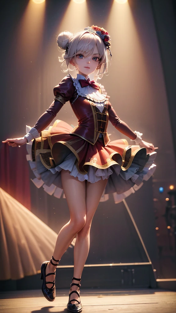 A small and slender marionette with beautiful detailed eyes, beautiful detailed lips, extremely detailed eyes and face, long eyelashes, short white hair in a bun with flowers, wearing a clown costume, fool's costume, circus clothes, extremely detailed clothing, small waist, without bust, happy expression, wearing a mask, on the stage of a classic theater, 4K wallpaper, high quality render, super detailed render, 2D, super detailed, high quality, 4k, high definition, high quality hair, full body, high-quality