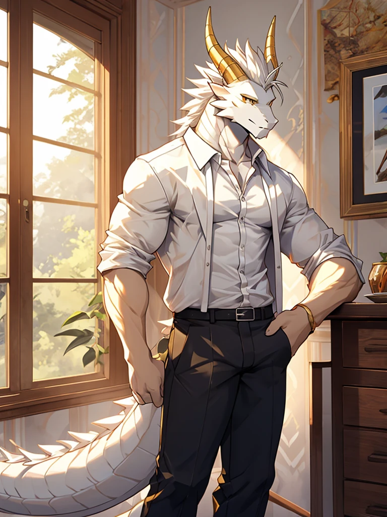 Masterpiece, solo, male, white Dragon, golden Eyes, golden horn, white Medium Hair, white body, slender muscular body, Handsome, Good Looking, Casual Shirt, Casual Pants, Cool Pose. besroom Background