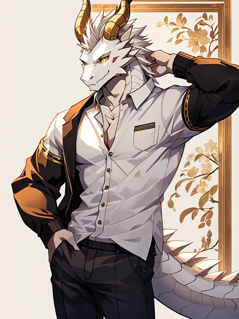 Masterpiece, solo, male, white Dragon, golden Eyes, golden horn, white Medium Hair, white body, slender muscular body, Handsome, Good Looking, Casual Shirt, Casual Pants, Cool Pose. besroom Background