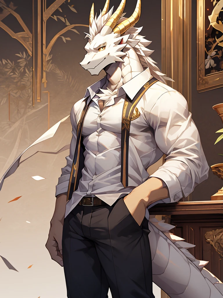 Masterpiece, solo, male, white Dragon, golden Eyes, golden horn, white Medium Hair, white body, slender muscular body, Handsome, Good Looking, Casual Shirt, Casual Pants, Cool Pose. besroom Background