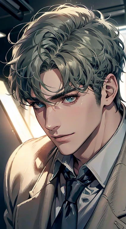 (Highest quality,4K,8K,High resolution,masterpiece:1.2),Super detailed,(Realistic,photoRealistic,photo-Realistic:1.37),1 person,31 years old,Mature Men,Beautiful skin、Profile、very handsome,Expressionless,smile,Short gray green hair,blue eyes,Sharp Eyes,A perfect face without a doubt,Businessman,Office Background,Cinema Lighting,HDR image,tie、