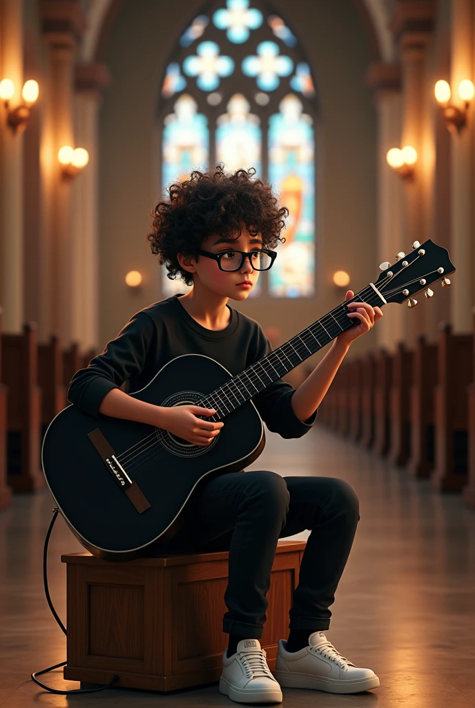 Create a boy with curly hair wearing black glasses wearing a black shirt black pants and white sneakers playing a black guitar in the background of a church