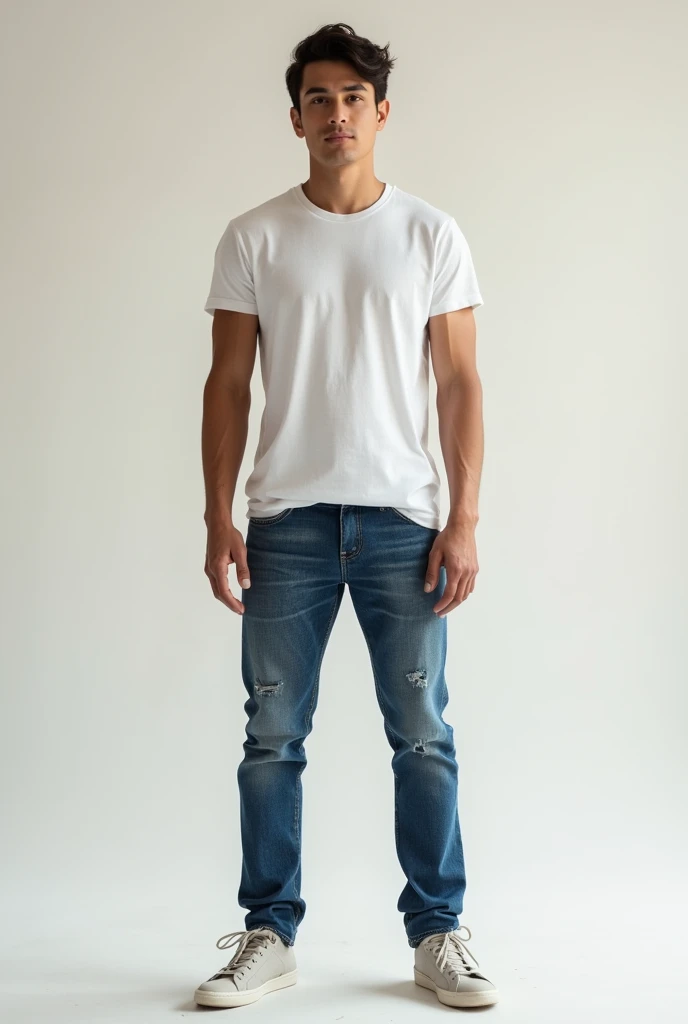 A young man lean muscular physique wearing jeans and a white tshirt and denim standing without any background 