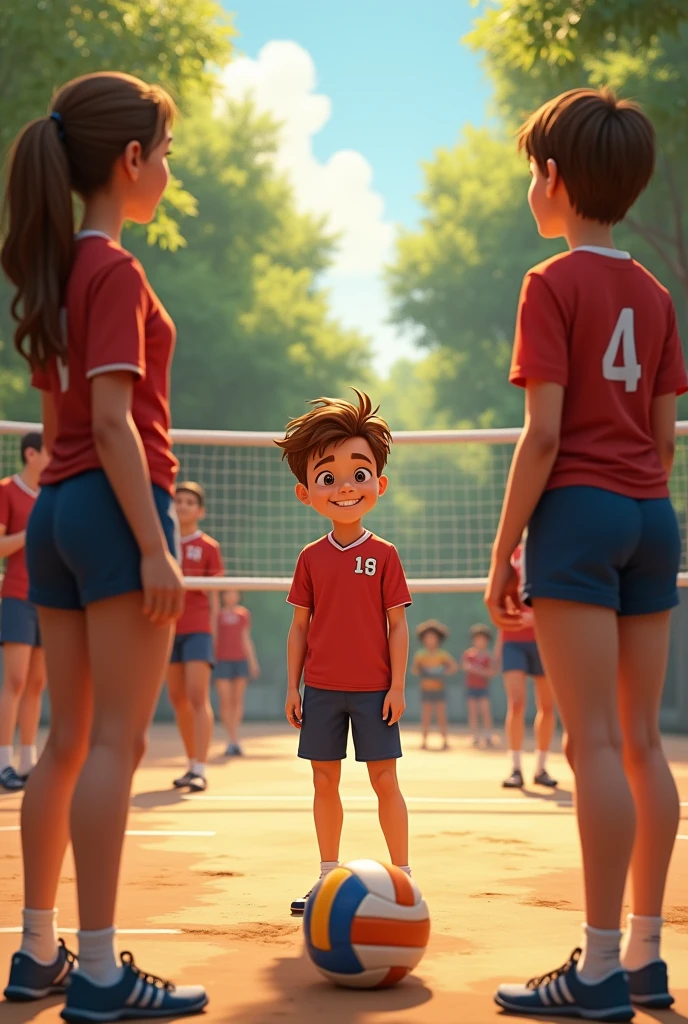 A boy talking to volleyball players 