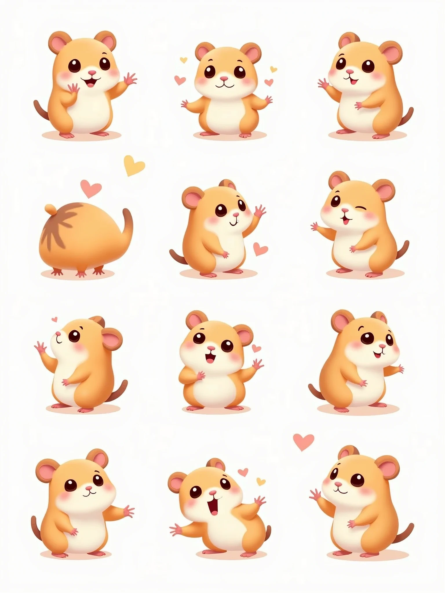 A set of 9 cute hamster expressions, chibi style, soft pastel colors, white background, simple line art, facial close-ups and full-body poses, includes emotions like happy, sad, angry, surprised, shy, bored, thinking, dancing, and sleepy, consistent style, vector illustration, ultra-detailed, clear outlines, 8K resolution