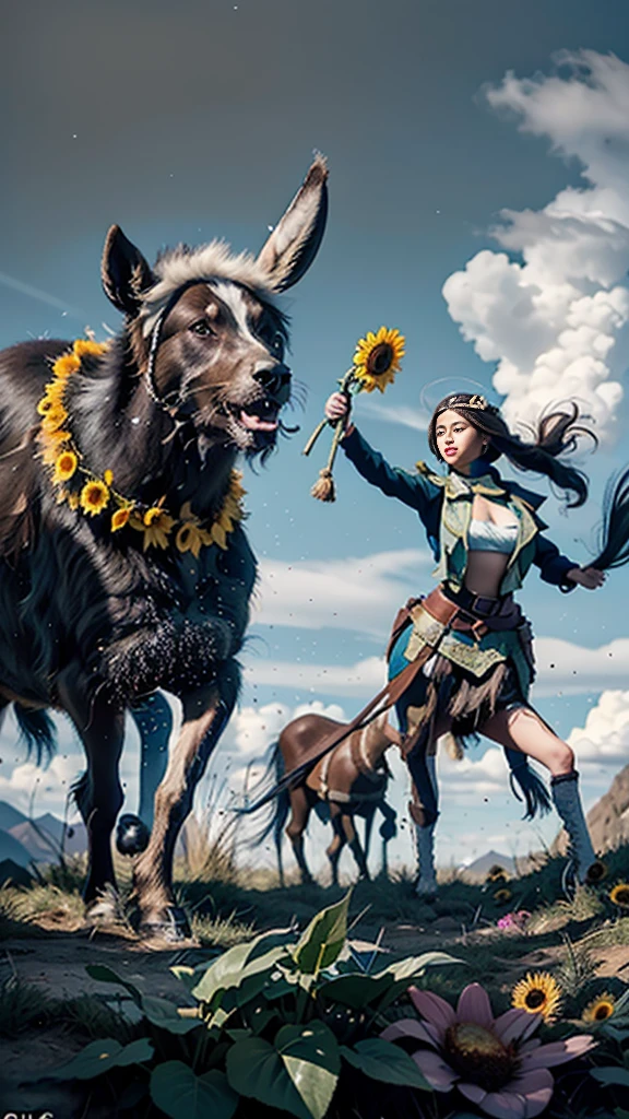 In a very grand scene，The extra-large wide-angle lens captures the appearance of a female centaur。She is a Sunflower Worship nun，Always opposed（Healing smiley face of knitted sunflower puppet😊：99.99）DOA。She is tall，It has the ultimate curvy beauty，The muscles are slender and firm，Beautiful lines。She has（Super huge sky blue eyes：99.99）、always（Wearing sexy glasses：6.66）、（She wears solemn nun attire：9.9）、Stepping on a boot-style skyscraper-heel、A pink cross hangs on his chest。Use Midjourney's advanced tools，Designed for female centaurs（A knitted sunflower puppet and create a super healing cartoon smiley face in the center of the flower tray as a decoration：9.9），and noble and solemn nun costumes，and highlight her unique physiological characteristics and appearance details，Add realism。And in the context of her prayers and listening to confessions，Spectacular views of nature，Such as the sky where storms and sunny days alternate、Brilliant rivers of stars and auroras、The snow-capped summit of Mount Everest、Fireworks in the mountain town, etc。ao mesmo tempo，Away from the hustle and bustle next to the chapel，Create a fantastic scene。Use Midjourney's advanced tools and multiple color palettes、Brush Strokes、Texture tools and model packages，It shows a sense of atmosphere where beauty and charm coexist。The charm of the female centaur is highlighted through color and lines，Enhance realism with detailing，Create a surreal dreamy feeling。Additionally，Use Midjourney's tools to add various exorcism props and books to the female centaur、pergaminhos，Create intricate hairstyles and outfits，Give her a sense of premium。She never flinches，No matter what monster you encounter，can respond quickly，Even the most extreme armies of natural disasters and monsters could not stop her and her front（Sunflower with Tyndall effect that emits sunlight9.99）。Use Midjourney's powerful tools，You can do it with incredible detail and beauty，Bring this ultra-grand and beautiful scene to life。Ultra-grand scenes，s