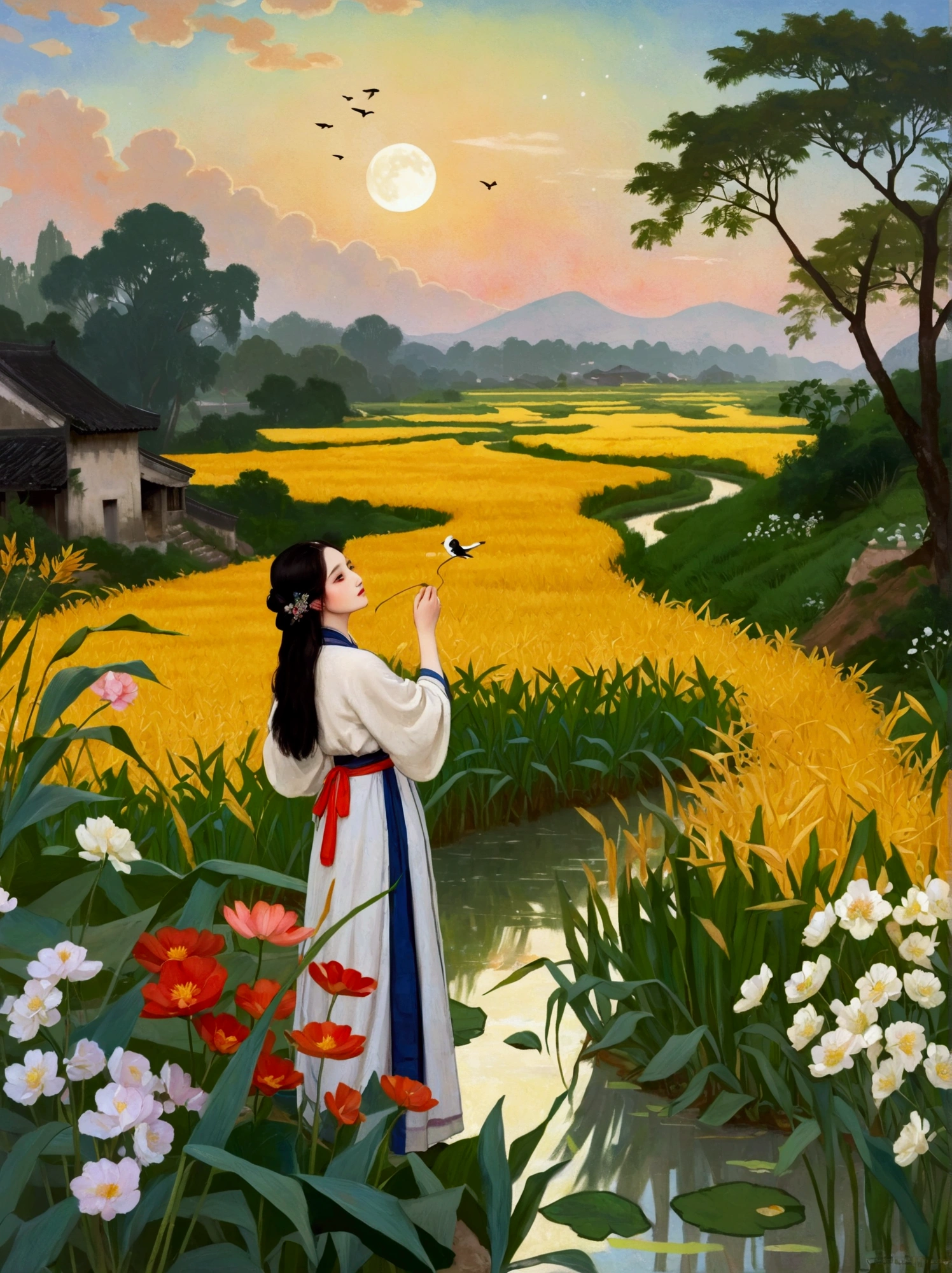 Canvas Illustration，Etienne Adolphe Piaud, Etienne Adolphe Piot，English Pre-Raphaelite painter，Pre-Raphaelite Brotherhood, ink style, masterpiece, Fantasy Garden，Aesthetic healing，moon，Star，Beautiful and poetic，Minimalism平面插画，Jiangnan countryside in summer，When you walk into this rice field，It&#39;s like being in a surreal dream。What unfolds before your eyes is a vast rice field，Golden rice swaying in the wind，The sun shines on it，Let the whole rice field shine with warm light。Rows of colorful wildflowers grow at the edge of a rice field，They sway gently in the breeze，Like dancing gracefully。Standing on the edge of a rice field，You can see flocks of birds singing happily in the wheat fields.，Their chirping blends in with the melodious sound of the wind in the rice fields.，It forms a wonderful natural symphony。Occasionally a bird flies up，Cut through the sky，Leaving beautiful curves，It seems to depict an unparalleled picture of the sky.。There is a clear stream flowing through the rice fields.，the river is crystal clear，Reflecting the blue sky, white clouds and surrounding scenery，Like a living mirror。The river flows slowly，Makes the water sound sweet，It&#39;s like nature composed a beautiful music for them.，Dynamic，Hazy feeling，Layering，Has a stunning visual effect，Fascinating lighting，Bright and vivid colors，Chiaroscuro，Flat，Minimalism，high quality，High Detail，HD晰，masterpiece，masterpiece，The painting style is meticulous，Refreshing colors，HD，in the style of Pre-Raphaelite Brotherhood