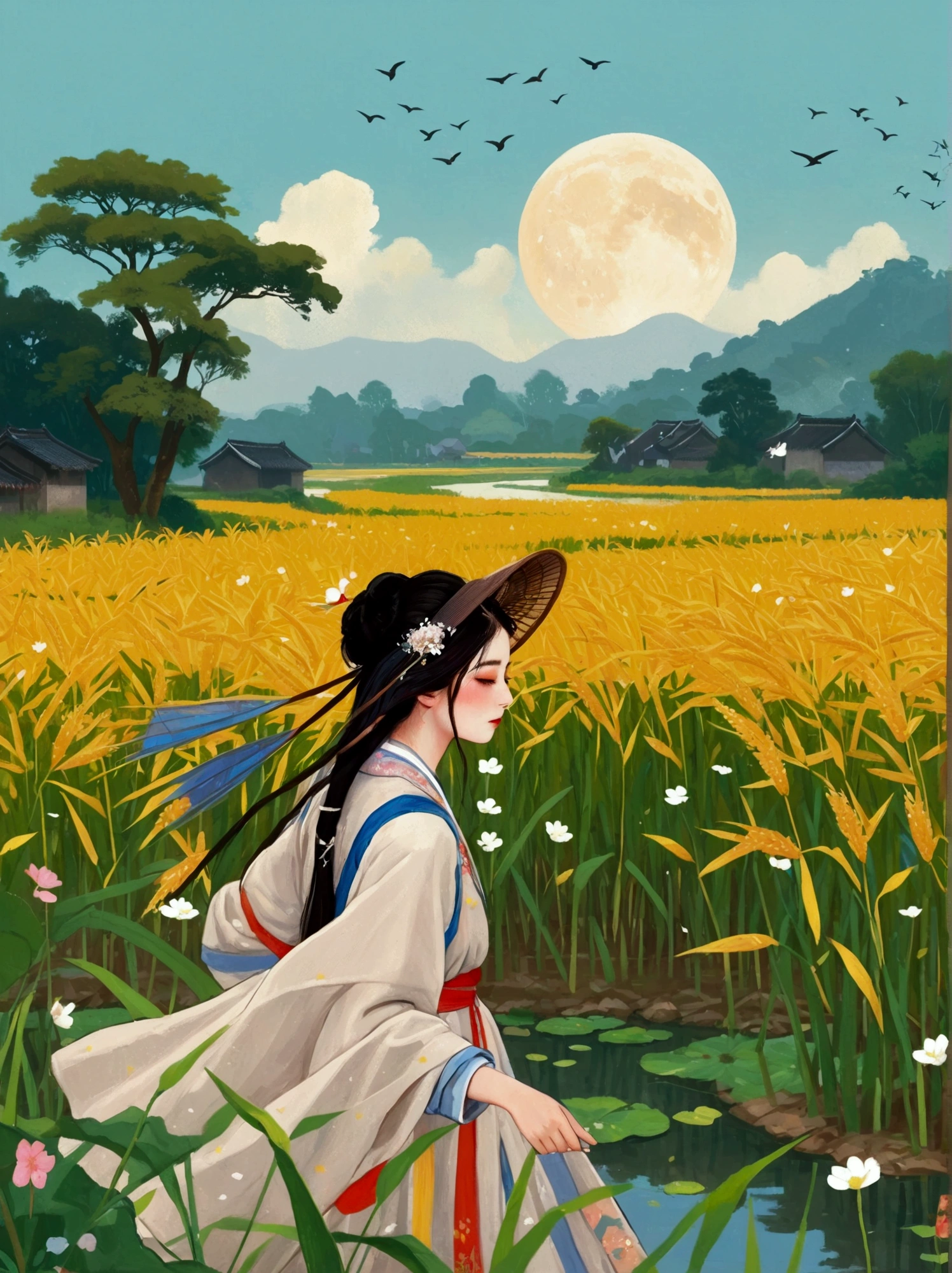 Canvas Illustration，Etienne Adolphe Piaud, Etienne Adolphe Piot，English Pre-Raphaelite painter，Pre-Raphaelite Brotherhood, ink style, masterpiece, Fantasy Garden，Aesthetic healing，moon，Star，Beautiful and poetic，Minimalism平面插画，Jiangnan countryside in summer，When you walk into this rice field，It&#39;s like being in a surreal dream。What unfolds before your eyes is a vast rice field，Golden rice swaying in the wind，The sun shines on it，Let the whole rice field shine with warm light。Rows of colorful wildflowers grow at the edge of a rice field，They sway gently in the breeze，Like dancing gracefully。Standing on the edge of a rice field，You can see flocks of birds singing happily in the wheat fields.，Their chirping blends in with the melodious sound of the wind in the rice fields.，It forms a wonderful natural symphony。Occasionally a bird flies up，Cut through the sky，Leaving beautiful curves，It seems to depict an unparalleled picture of the sky.。There is a clear stream flowing through the rice fields.，the river is crystal clear，Reflecting the blue sky, white clouds and surrounding scenery，Like a living mirror。The river flows slowly，Makes the water sound sweet，It&#39;s like nature composed a beautiful music for them.，Dynamic，Hazy feeling，Layering，Has a stunning visual effect，Fascinating lighting，Bright and vivid colors，Chiaroscuro，Flat，Minimalism，high quality，High Detail，HD晰，masterpiece，masterpiece，The painting style is meticulous，Refreshing colors，HD，in the style of Pre-Raphaelite Brotherhood