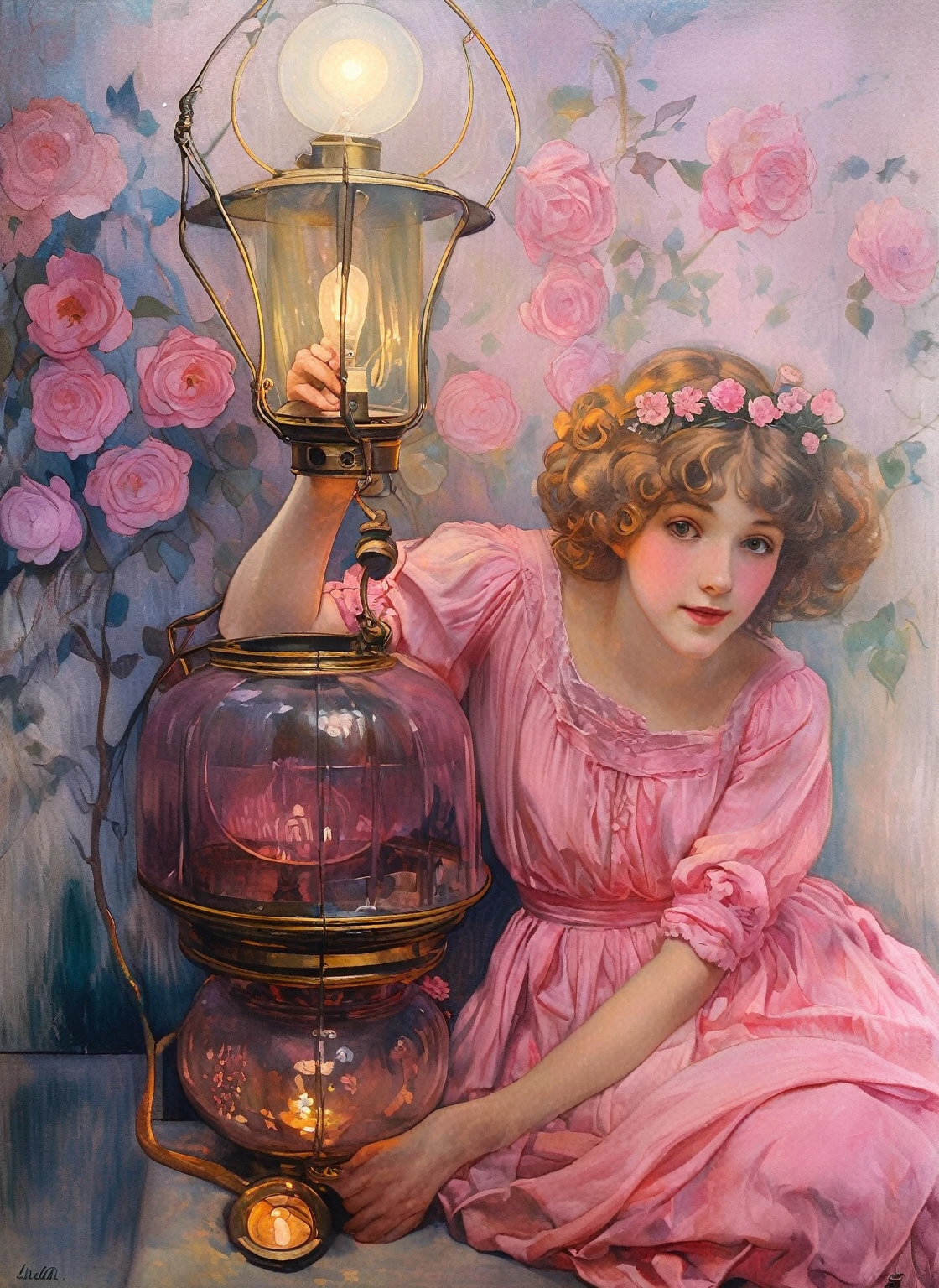 painting of a  in a pink dress sitting next to a lamp, emerging from her lamp, girl under lantern, inspired by Marie Laurencin, inspired by Paul Cornoyer, by Margaret Leiteritz, inspired by Leonid Pasternak, pastel style painting, inspired by Margaret Keane, inspired by Henriette Wyeth, inspired by George Luks