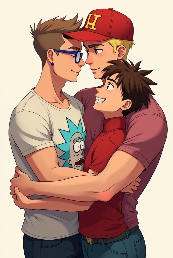 3 fit guys in love hugging eachother. anime style
1st is on the left, he is 5.8 feet tall, buzzcut brown hair, wearing earring and blue rounded glasses.
2nd guy is in the middle, the tallest, with very short blonde hair with red cap backwards, and wears a rick and morty t-shirt.
the 3rd guy on the right is the shortest with stylish brown hair waring red and white turtle neck