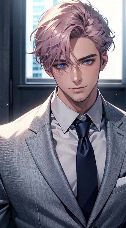 (Highest quality,4K,8K,High resolution,masterpiece:1.2),Super detailed,(Realistic,photoRealistic,photo-Realistic:1.37),1 person,31 years old,Mature Men,Beautiful skin、very handsome,Expressionless,smile,Short gray pink hair,blue eyes,Sharp Eyes,A perfect face without a doubt,Businessman,Office Background,Cinema Lighting,HDR image,tie、